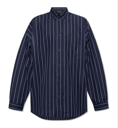 Shop Balenciaga Logo Embroidered Striped Oversize Shirt In Blue