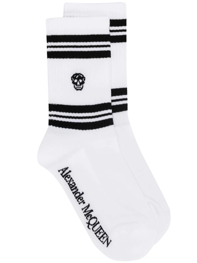 Shop Alexander Mcqueen Black And White Socks With Skull And Stripes In Bianco