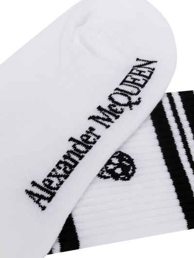 Shop Alexander Mcqueen Black And White Socks With Skull And Stripes In Bianco