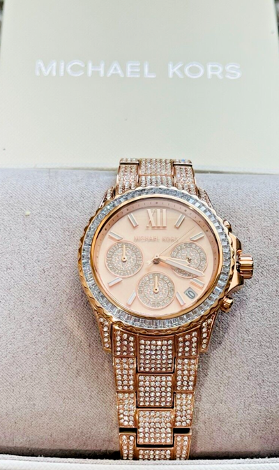 Pre-owned Michael Kors Mk7235 Everest Glitz Chronograph Dial Rose Gold Tone Womens Watch