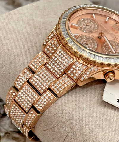 Pre-owned Michael Kors Mk7235 Everest Glitz Chronograph Dial Rose Gold Tone Womens Watch