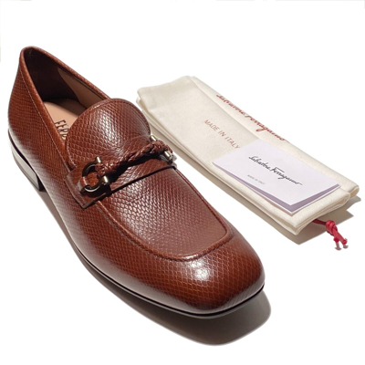 FERRAGAMO Pre-owned Gancini Brown Pebbled Leather Pago Men's Dress Slip-on Strap Loafers