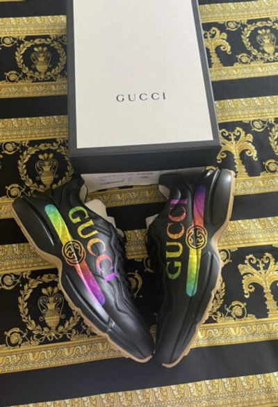 Pre-owned Gucci 100%  Apollo Calfskin Rhyton ‘rainbow Logo' Sneakers Sz 40 Us 10 In Black