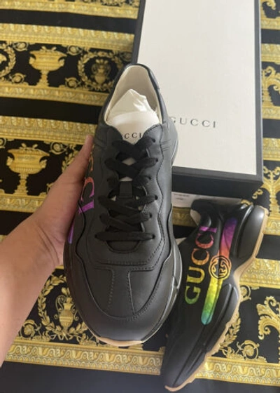 Pre-owned Gucci 100%  Apollo Calfskin Rhyton ‘rainbow Logo' Sneakers Sz 40 Us 10 In Black