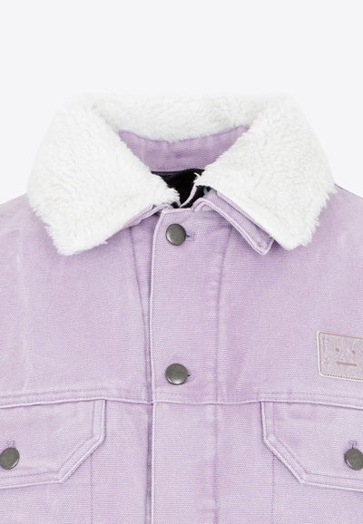 Shop Acne Studios Face Logo Denim Jacket With Shearling Collar In Purple