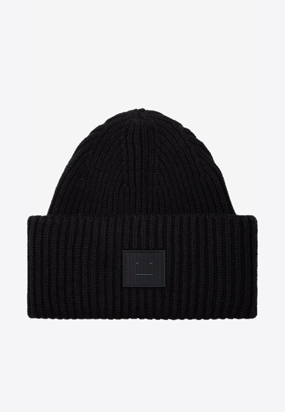 Shop Acne Studios Face Logo Patch Ribbed Knit Beanie In Black