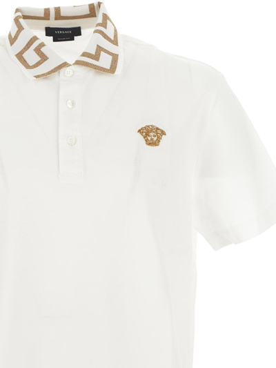 Shop Versace Greca Neck Polo Shirt In White