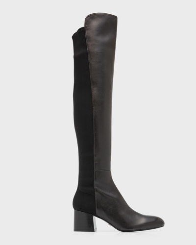 Shop Stuart Weitzman 5050 Flareblock Leather Stretch Block-heel Knee Boots In Black