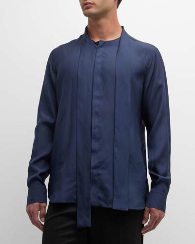 Shop Valentino Men's Silk Shirt With Neck Wrap In Navy