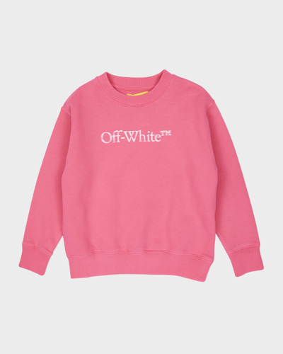 Shop Off-white Girl's Bookish Blurred Logo-print Crewneck In Fuchsia White
