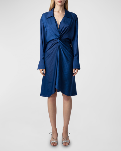 Shop Zadig & Voltaire Rozo Collared Draped Satin Dress In Bleu Roi