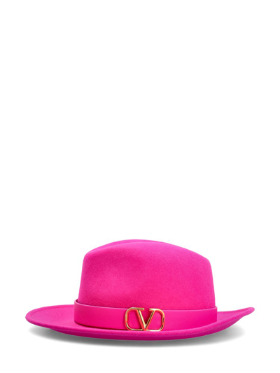 Shop Valentino Vlogo Signature Flat Peak Fedora Hat In Pink