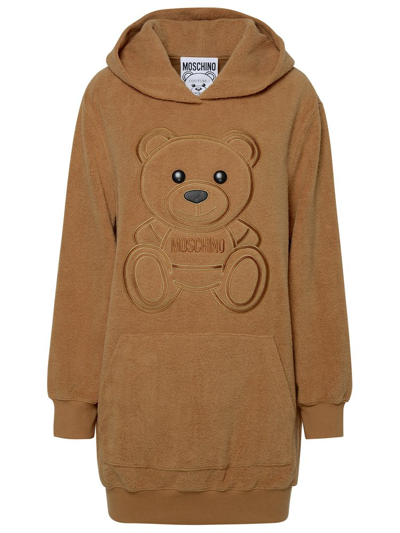 Shop Moschino Teddy Bear Straight Hem Hoodie Dress In Beige