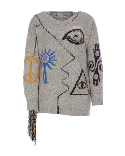Shop Stella Mccartney Art Embroidered Crewneck Knit Sweater In Grey