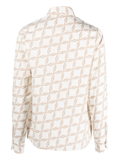 Eleventy Long Sleeve Beige Shirt With Geometric Pattern In 白色