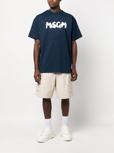 Shop Msgm Logo-print Cotton T-shirt In Blue