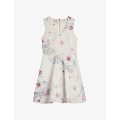 Shop Ted Baker Women's Natural Emleey Floral-print Stretch-woven Mini Dress