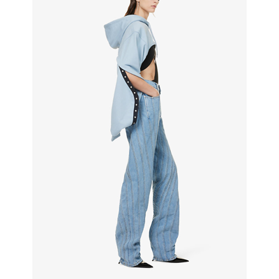 Shop Mugler Women's Light Blue Asymmetric-hem Cropped Organic-cotton Hoody
