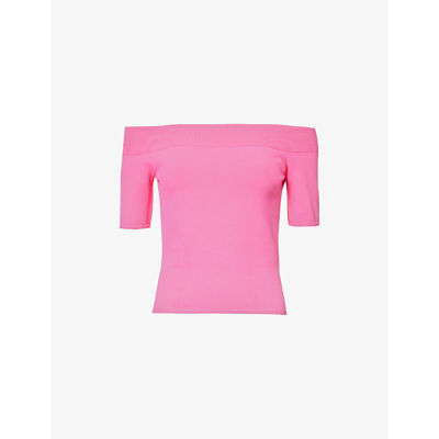 Shop Alexander Mcqueen Off-the-shoulder Bardot-neck Knitted Top In Psychedelic Pink