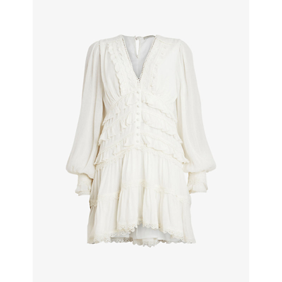 Shop Allsaints Zora Ruffled Woven Mini Dress In Chalk White