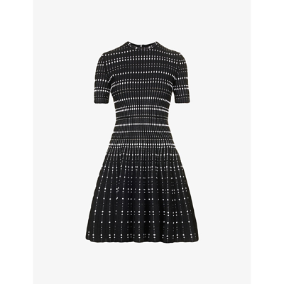 Shop Alexander Mcqueen Womens Black White Ribbed Flared-hem Knitted Mini Dress