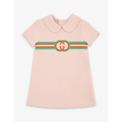 Shop Gucci Smooth Pink/mix Logo-embroidered Peter-pan Collar Cotton-jersey Dress 6-36 Months