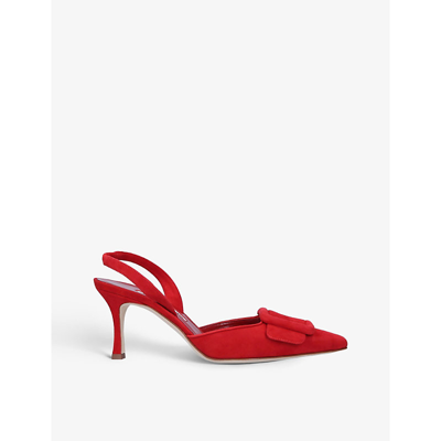Shop Manolo Blahnik Women's Red Maysli Buckled Suede Slingback Courts