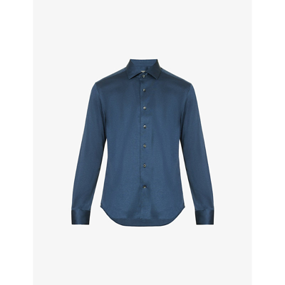 Shop Corneliani Spread-collar Regular-fit Cotton-jersey Shirt In Denim