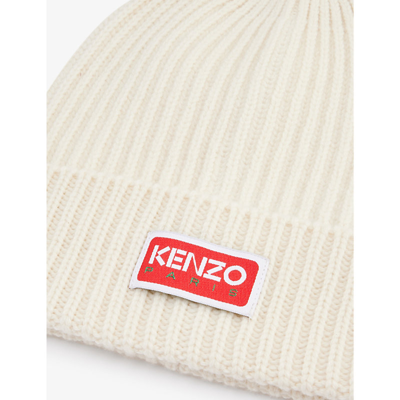 Shop Kenzo Mens Off White Brand-patch Folded-brim Stretch-wool Beanie Hat