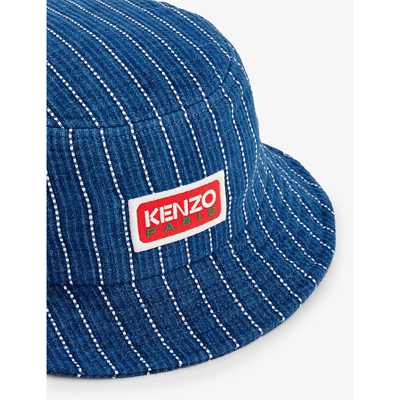Shop Kenzo Men's Medium Stone Blue Denim Brand-patch Wide-brim Denim Bucket Hat