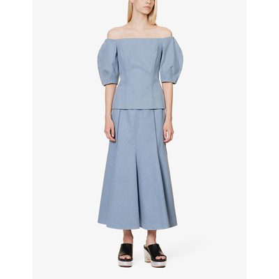 Shop Gabriela Hearst Women's Light Blue Amy Pleated-hem Upcycled-cotton Midi Skirt