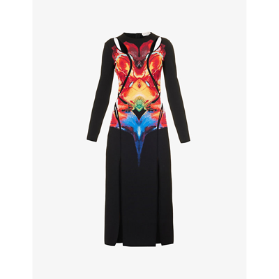 Shop Alexander Mcqueen Orchid-print Cut-out Knitted Midi Dress In Black Red Yellow
