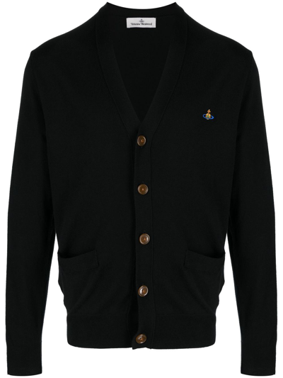 Shop Vivienne Westwood Orb Logo-embroidered Knitted Cardigan In Black