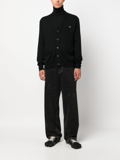 Vivienne Westwood Black V Neck Cardigan With Orb Embroidery In Cotton And Cashmere In Black