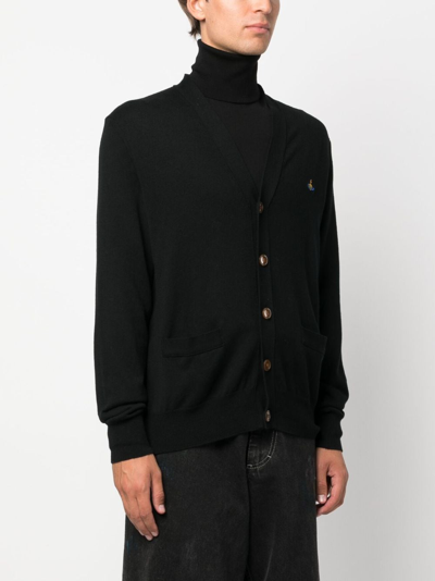 Vivienne Westwood Black V Neck Cardigan With Orb Embroidery In Cotton And Cashmere In Black