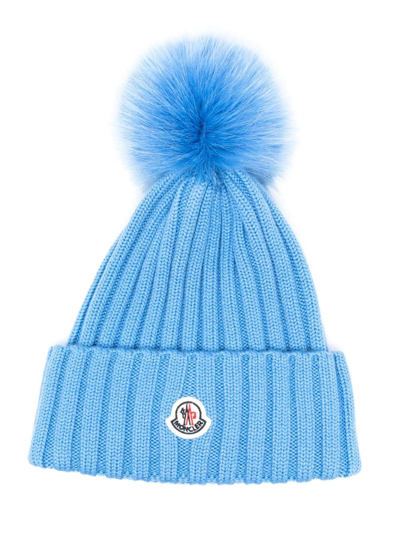 Shop Moncler Pompom-detail Knitted Beanie In Blau