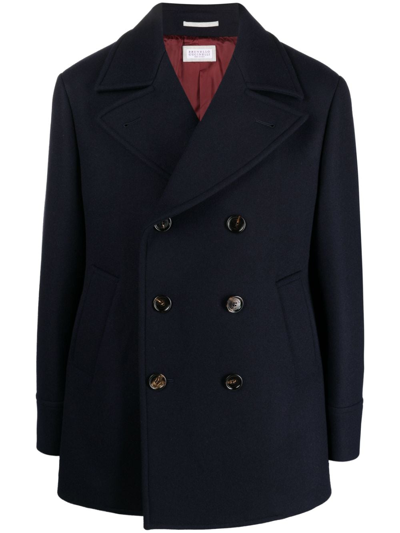 Brunello Cucinelli Navy Blue Double Flannel Caban Blazer In Black