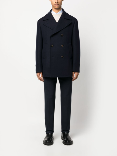 Brunello Cucinelli Navy Blue Double Flannel Caban Blazer In Black
