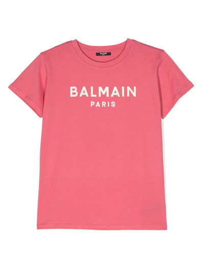 Shop Balmain Metallic Logo-stamp Cotton T-shirt In Pink