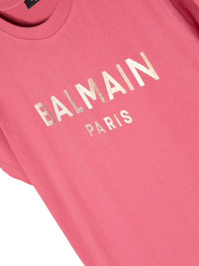 Shop Balmain Metallic Logo-stamp Cotton T-shirt In Pink