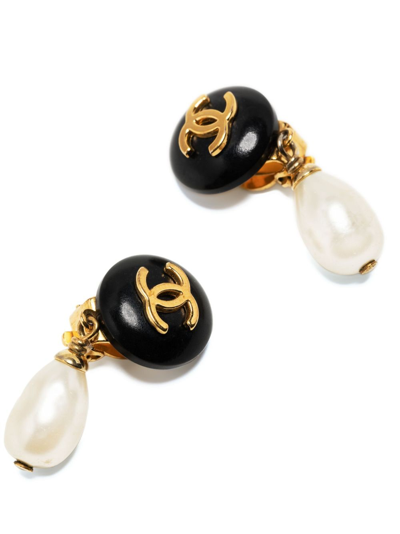 Pre-owned Chanel 1996 Cc Button Drop Faux-pearl Clip-on Earrings In Black