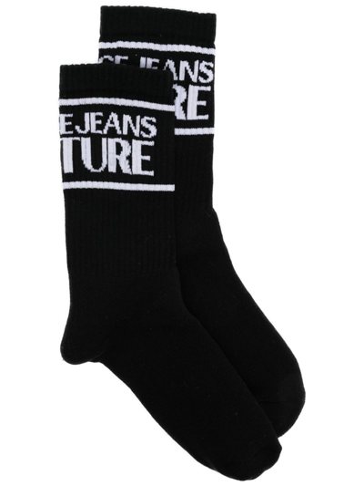 Shop Versace Jeans Couture Intarsia-logo Ribbed Socks In Black