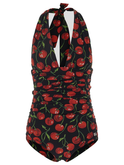 Shop Dolce & Gabbana Cherry Printed Halterneck Swimsuit In Multi