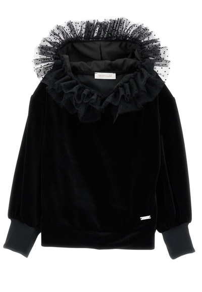 Shop Monnalisa Tulle Hood Ruffled Velvet Sweatshirt In Black