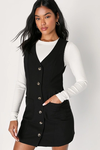 Lulus City Aesthetic Black Sleeveless Button-up Mini Dress In Black