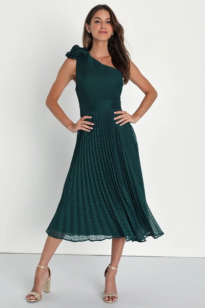 Lulus Special Charm Teal Pleated Swiss Dot One-shoulder Midi Dress In Teal