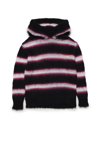 Shop Marni Kids Logo Patch Knitted Hoodie In Multi
