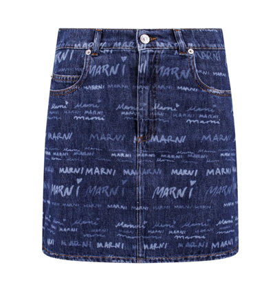 Shop Marni Logo Patch Denim Skirt In Blue