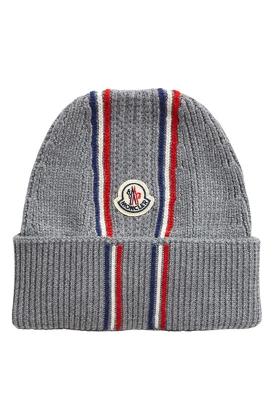 Shop Moncler Tricolor Stripe Wool Beanie In Gray