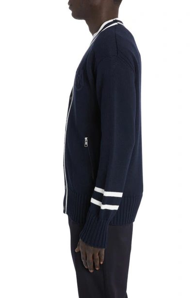 Shop Moncler Collegiate Cotton Velveteen Knit Cardigan In Blue